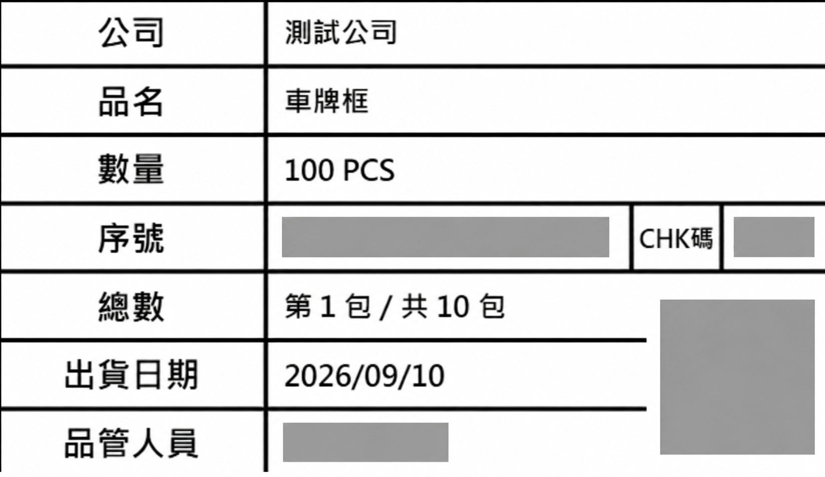 啟揚出貨標籤測試示例:品名、數量、包數、出貨日期,序號、CHK碼、QR Code及人員資訊已遮蔽